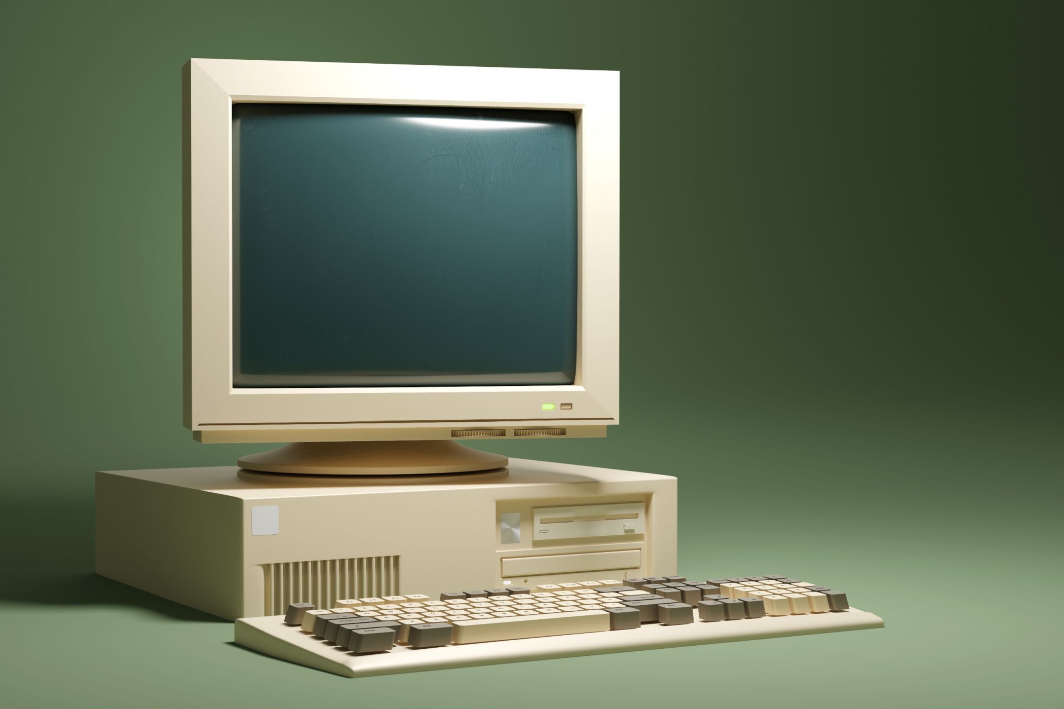 A computer rendering of a retro beige computer on a green background.