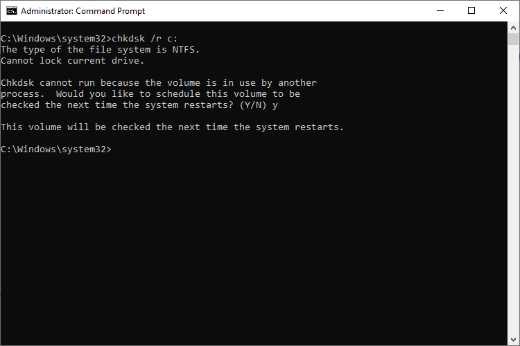 Chkdsk with /r argument scheduled for next restart.