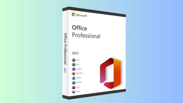 Microsoft Office 2021 bundle box on an ombre light blue and green background.