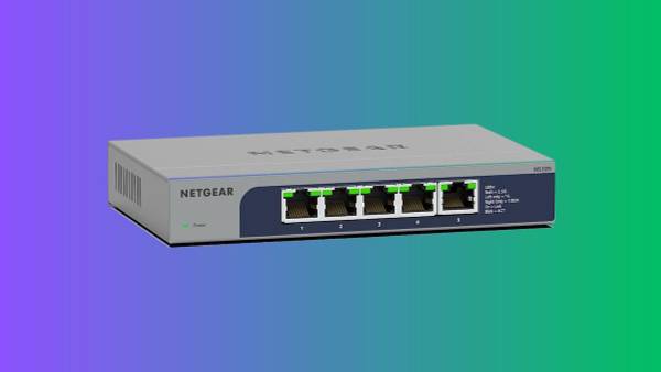 Netgear 5-Port Ethernet Network Switch on a purple and green ombre background.