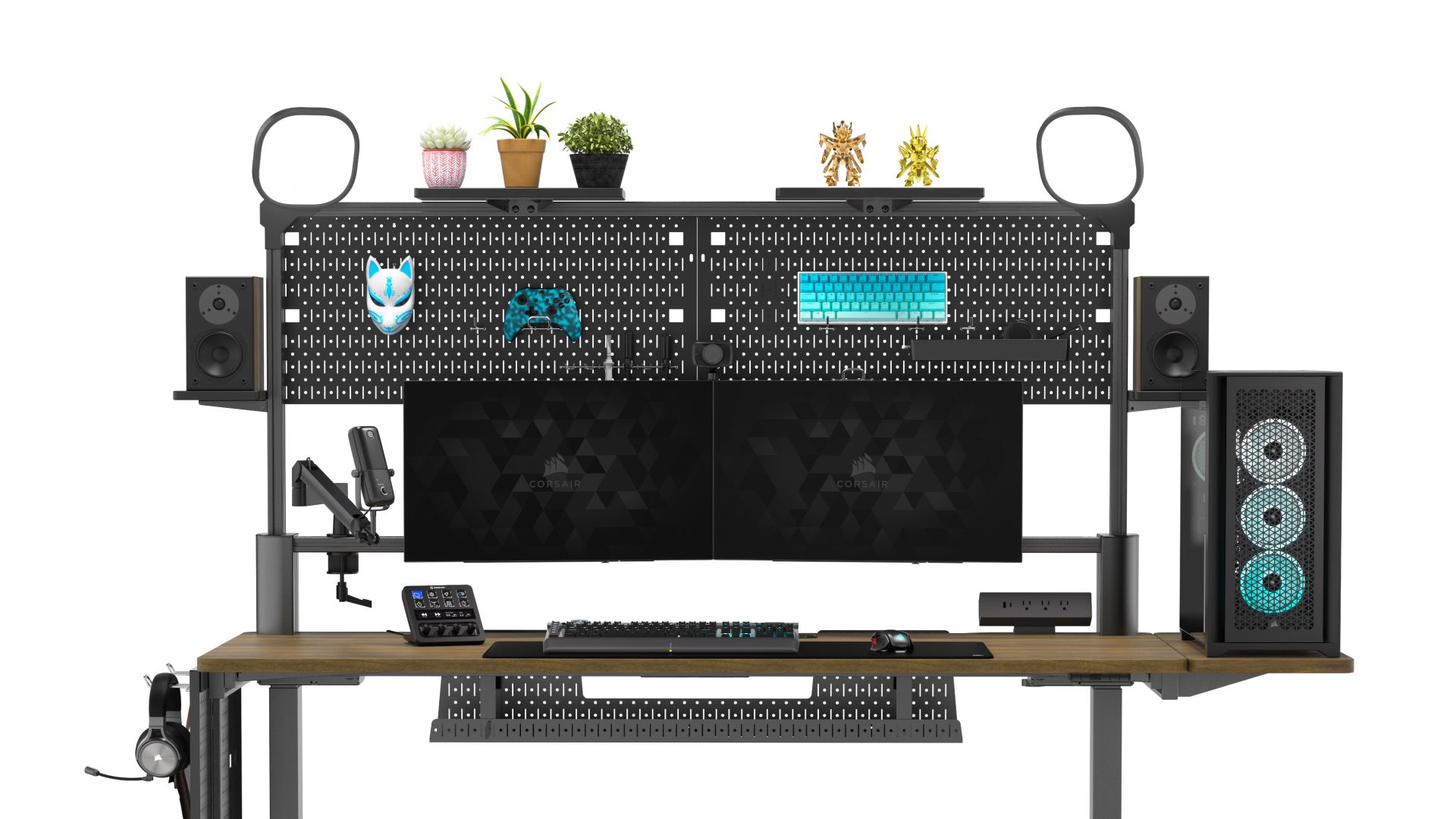 Corsair's new Platform:6 standing desk full of accessories. 