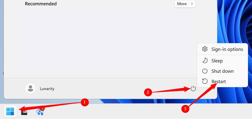 Click the Start button, click the Power button, then click "Restart." 