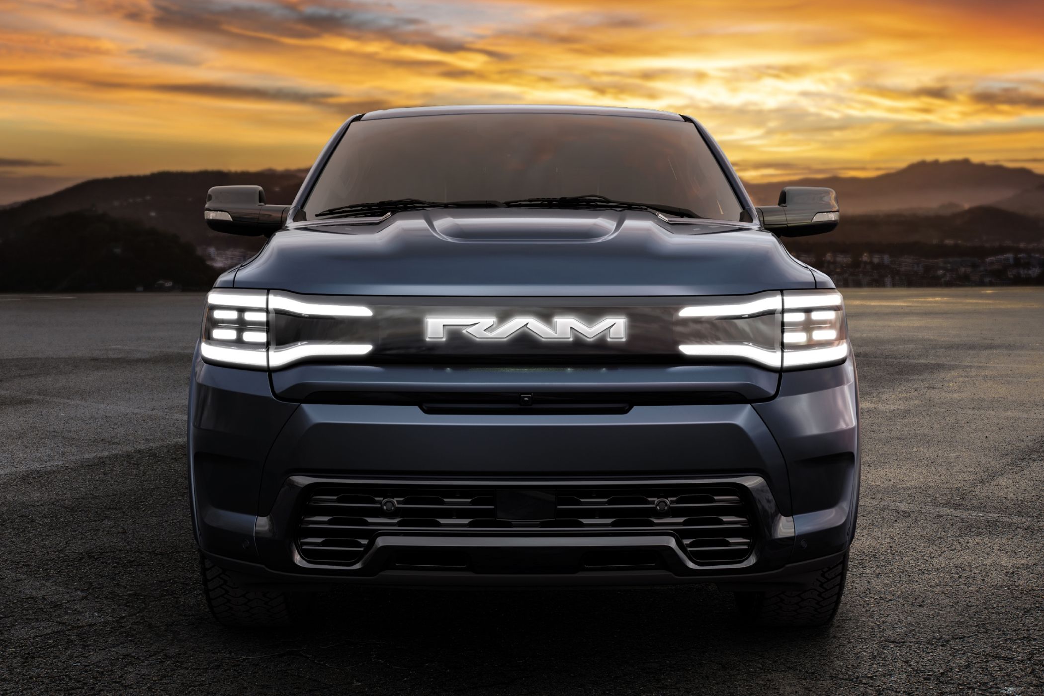 2025 Ram 1500 REV electric truck front end. 