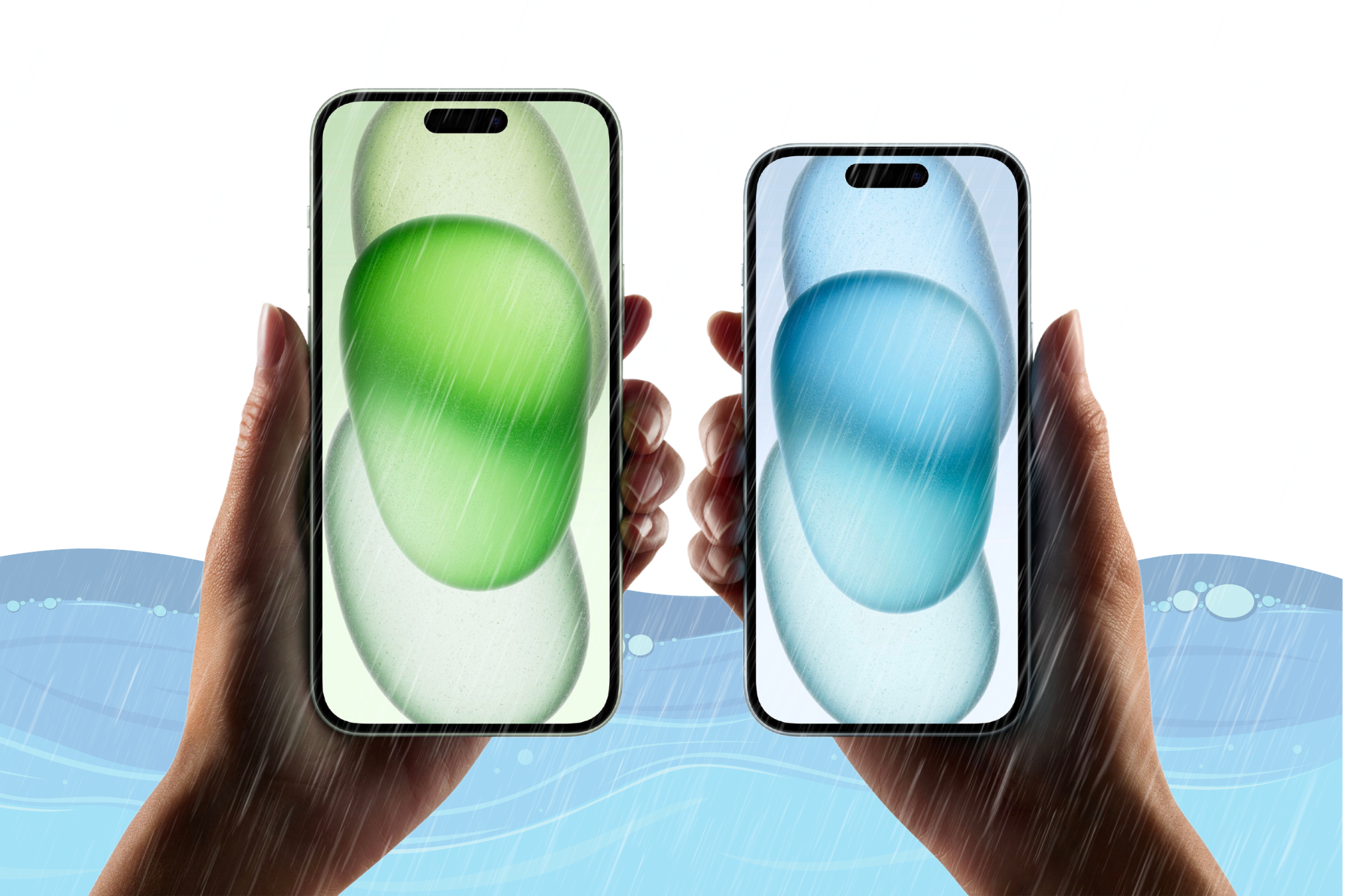 iPhone 15 and iPhone 15 Plus held in hand under an illustration of rain