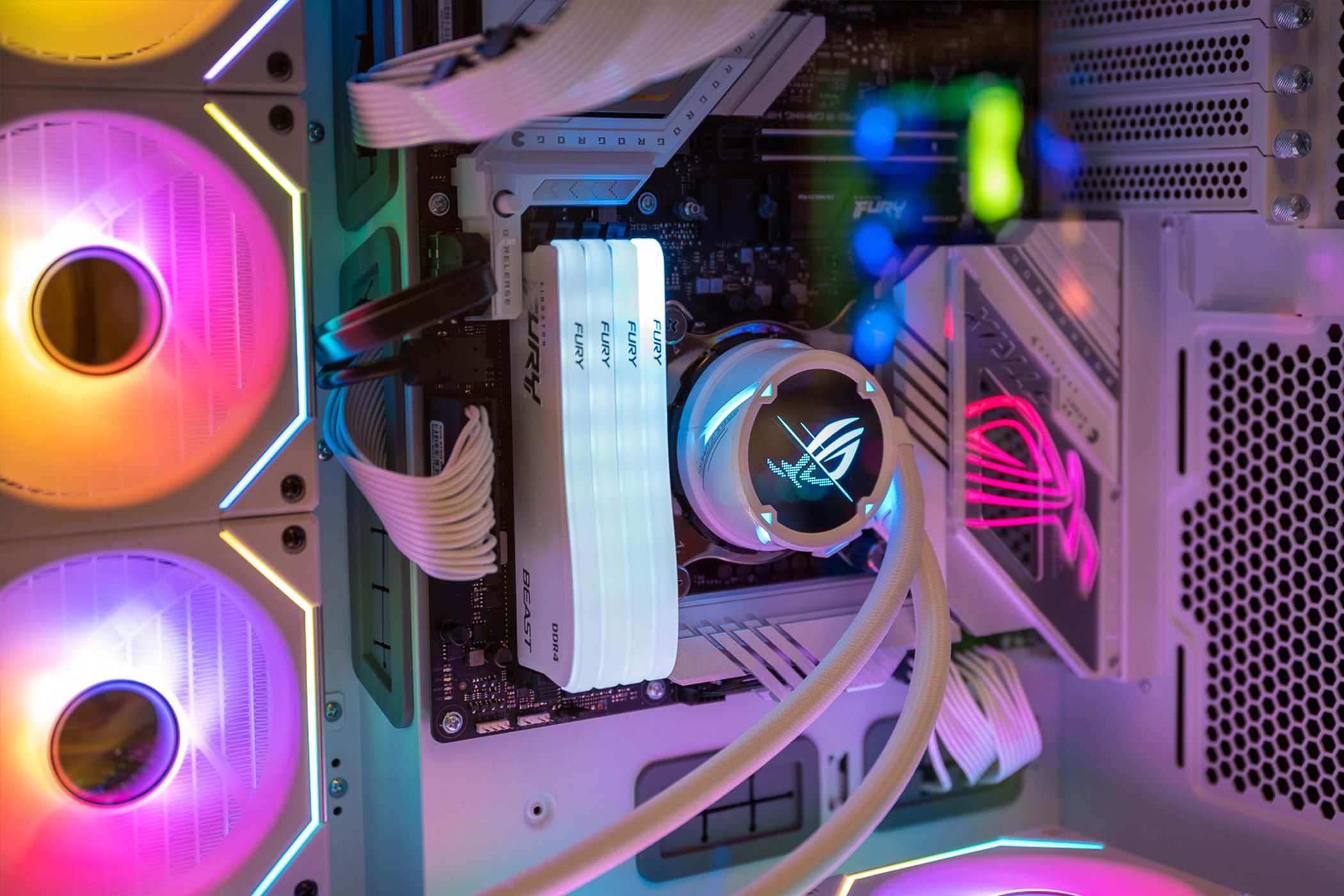 Glowing white RAM in a colorful computer case