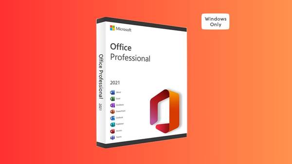 Box of Microsoft Office Pro 2021 for Windows program on a red and orange background.