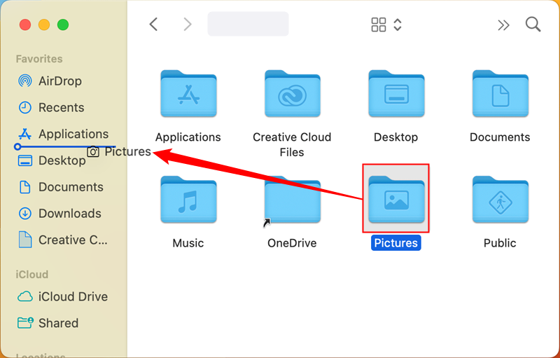 Click and drag "Pictures" into the "Favorites" bar. 