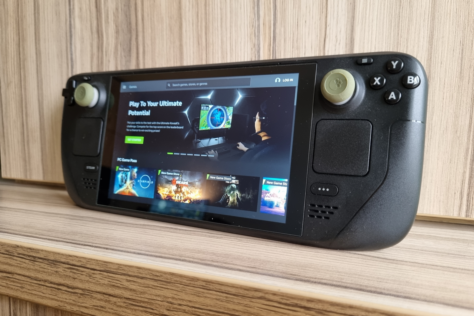 A photo showing a Steam Deck with the GeForce Now website open.