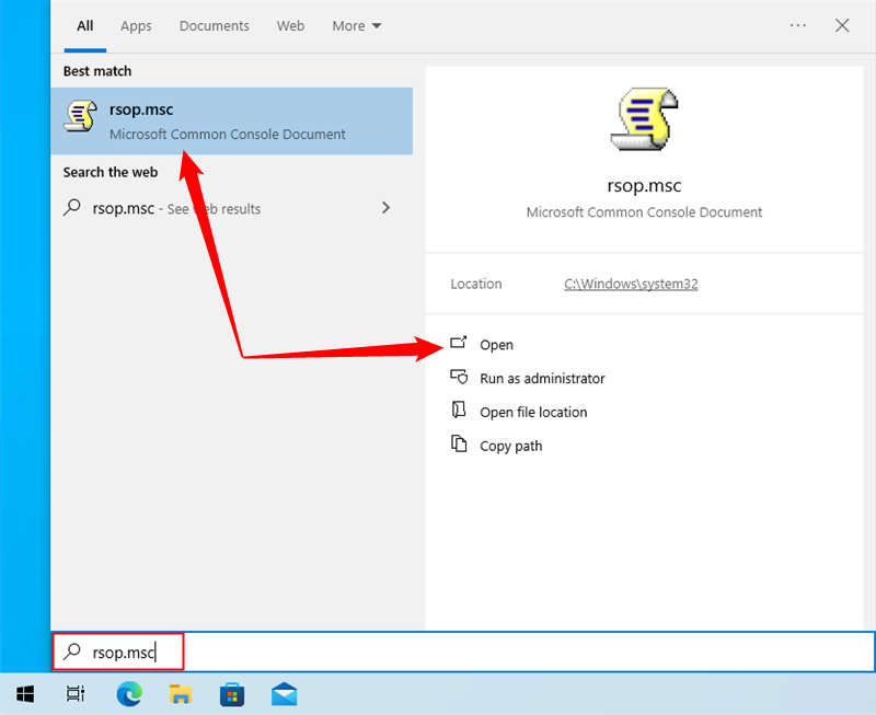 Searching for "rsop.msc" in the Start Menu search.
