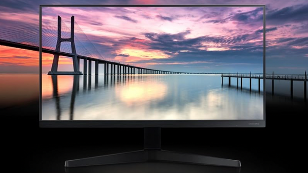 Samsung T35F Series 22-Inch Monitor against the backdrop of a sunset.