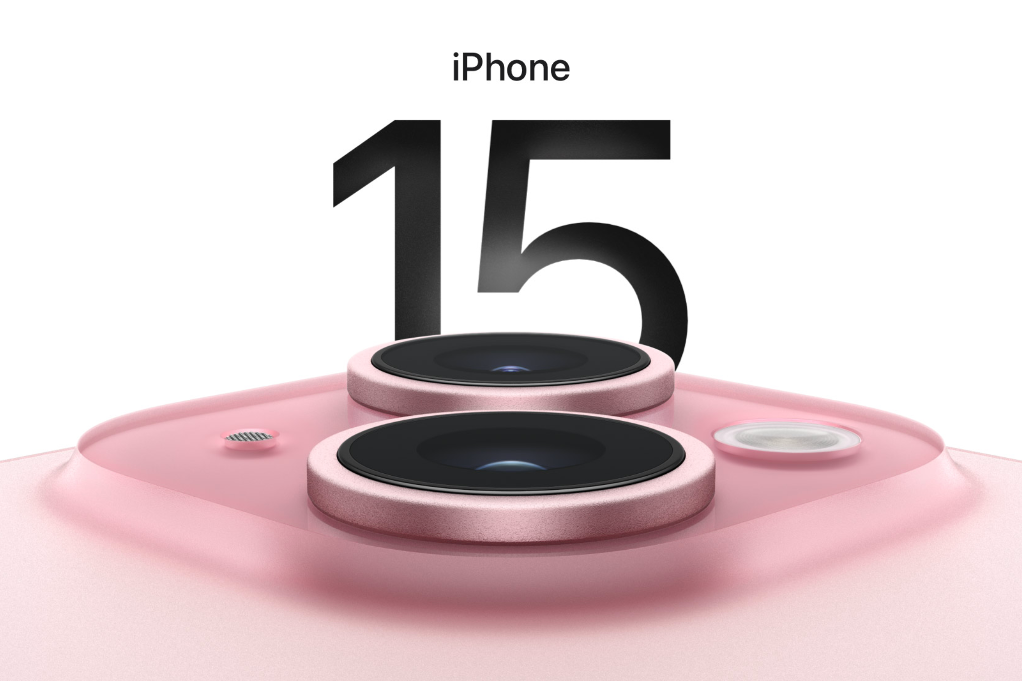 iPhone 15 in pink color with its camera modules in the center of the frame