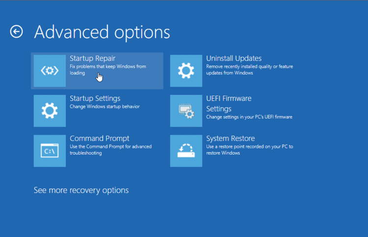 Opções de reparo de inicialização.