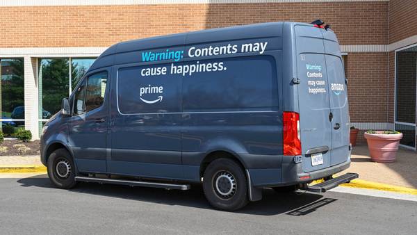 Amazon Prime Van parked infront of an office building