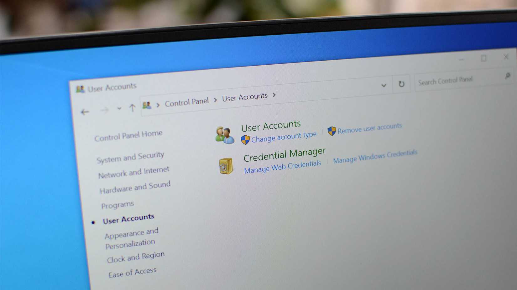 User Account page in the Control Panel on Windows 10. 