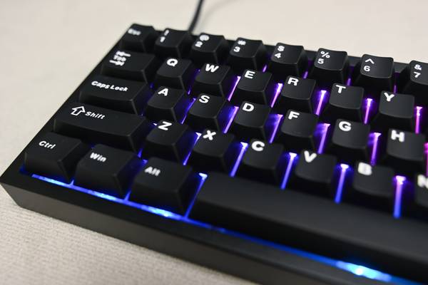 A keyboard with RGB backlighting. 