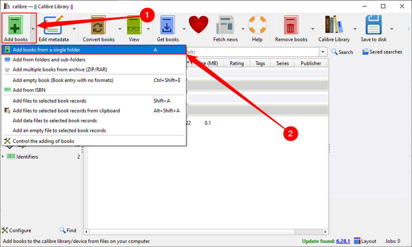 Click "Add books" to add a MOBI file to Calibre. 