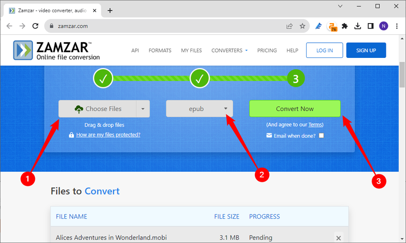 Converting a MOBI to EPUB with Zamzar. 