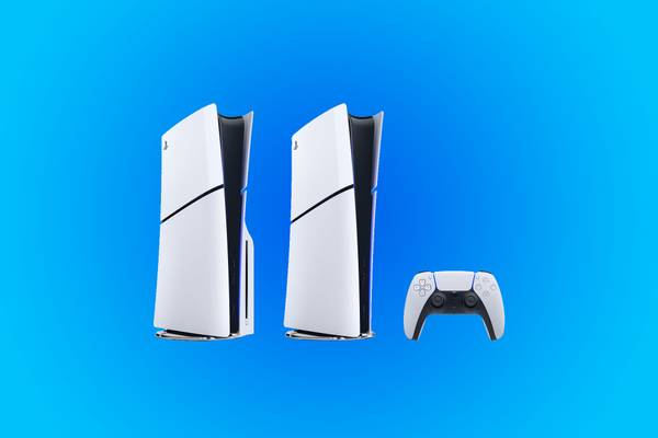 PS5 Slim models on a blue background