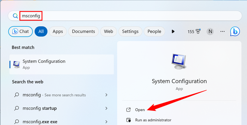 Search for "msconfig" in the Start Menu.