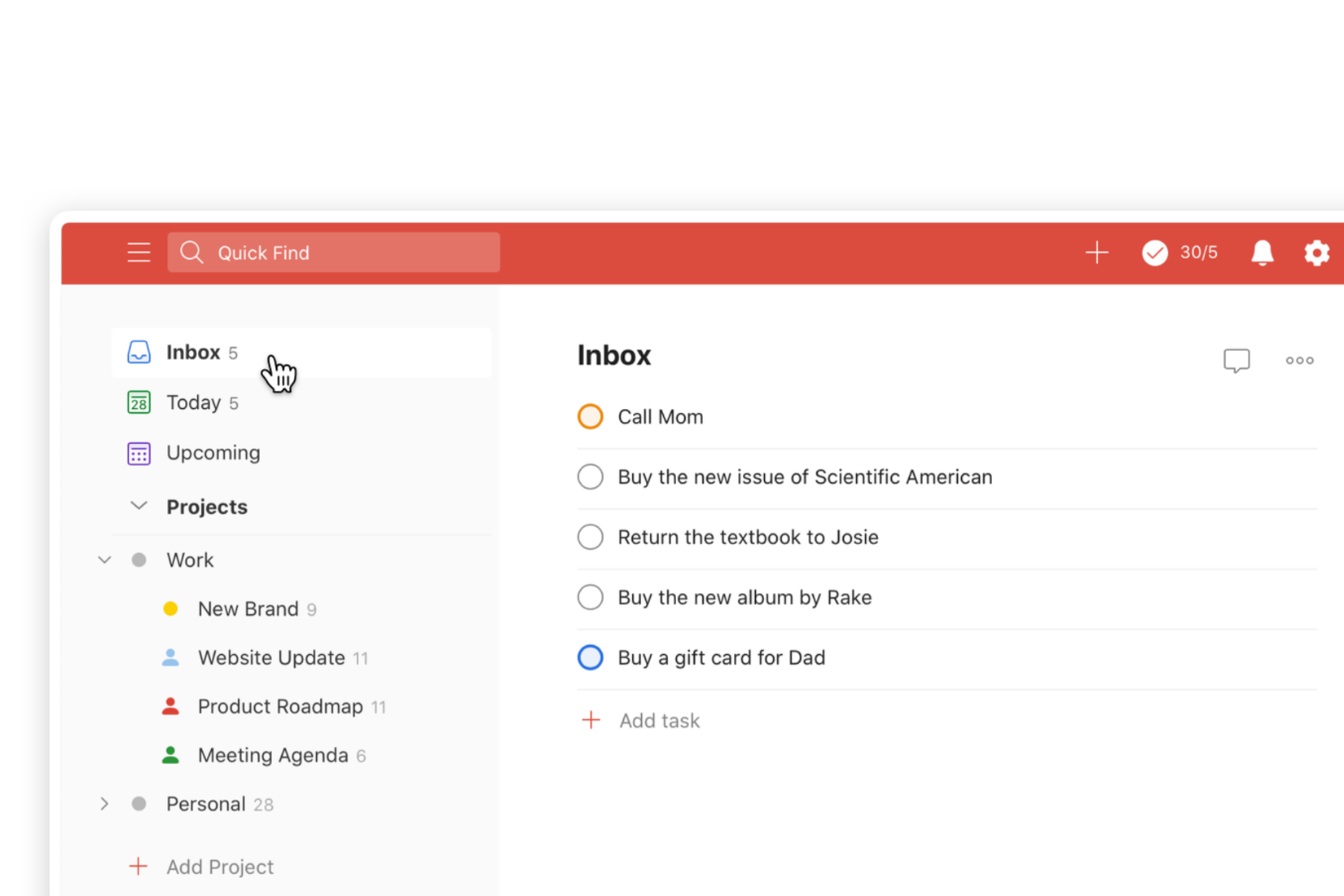 A caixa de entrada em Todoist.