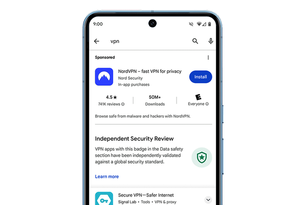 An Independent Security Review badge underneath NordVPN on the Play Store.