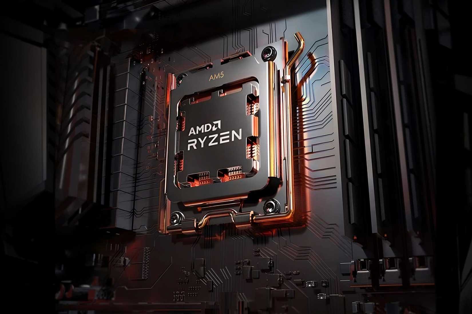 Uma imagem estilizada do processador AMD Ryzen AM5 instalado em uma placa-mãe.