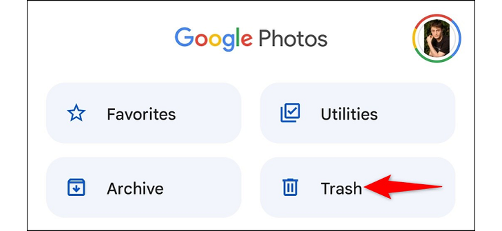 Screenshot of Google Photos tools, arrow pointing at Trash