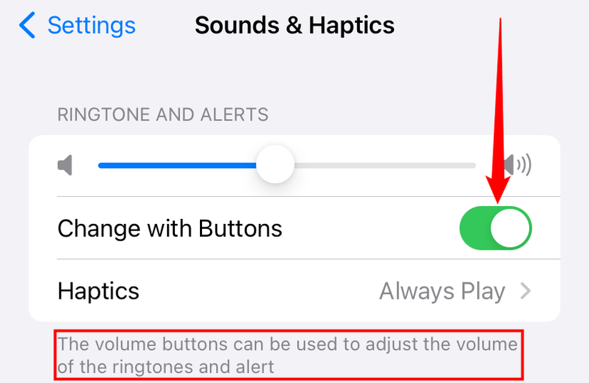 Tap the "Change with Buttons" toggle, then note that the text at the bottom has changed. 