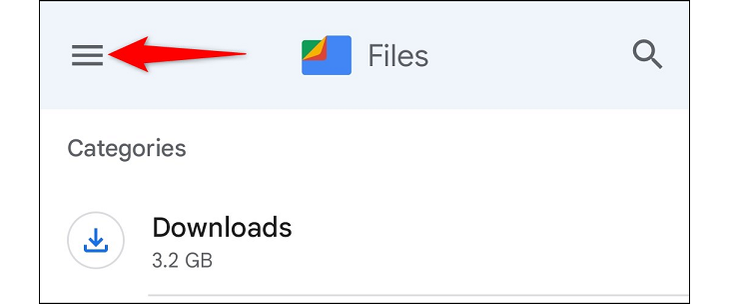 Arrow pointing at the Google Files menu button