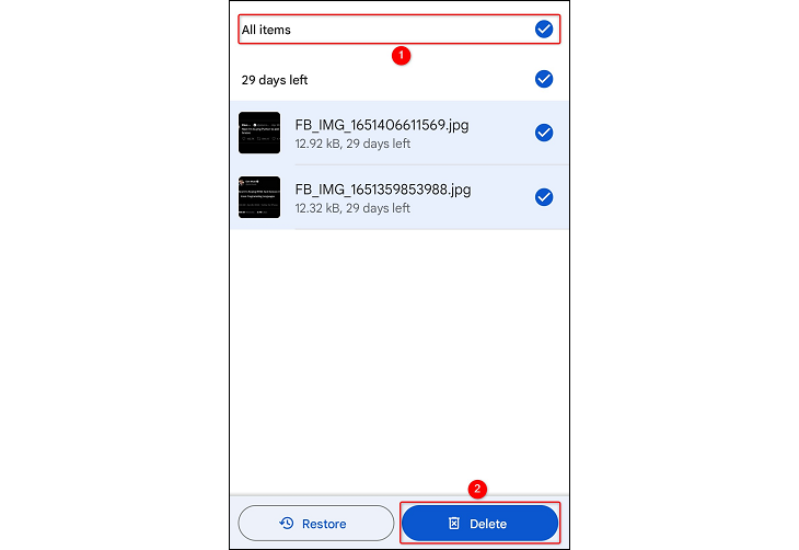 Selecting "All Items" in Google Files trash
