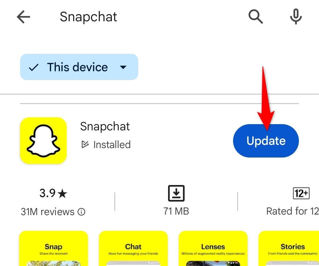 'Update' highlighted for Snapchat in Android's Google Play Store.