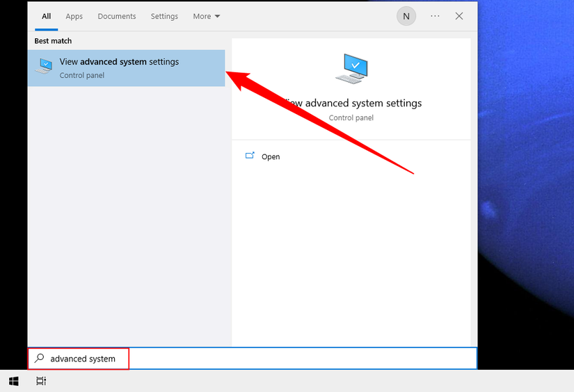 Search for and open "Advanced System Settings." 