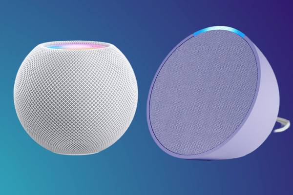 Apple HomePod mini and Amazon Alexa Pop smart speakers against a blue background.