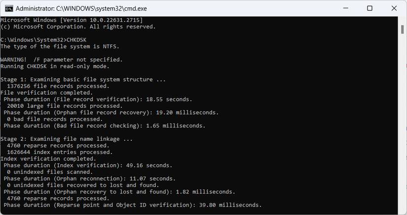 CHKDSK running in Command Prompt.