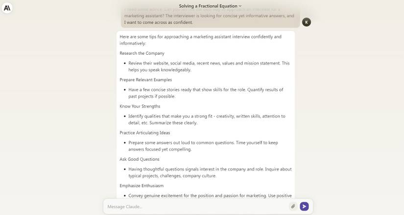 Screenshot of Claude's response to an interview advice request.
