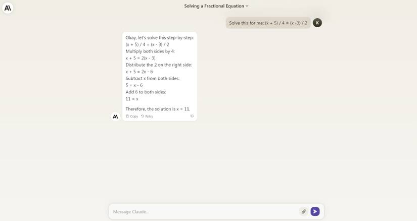 Screenshot of Claude's response to an algebraic problem.