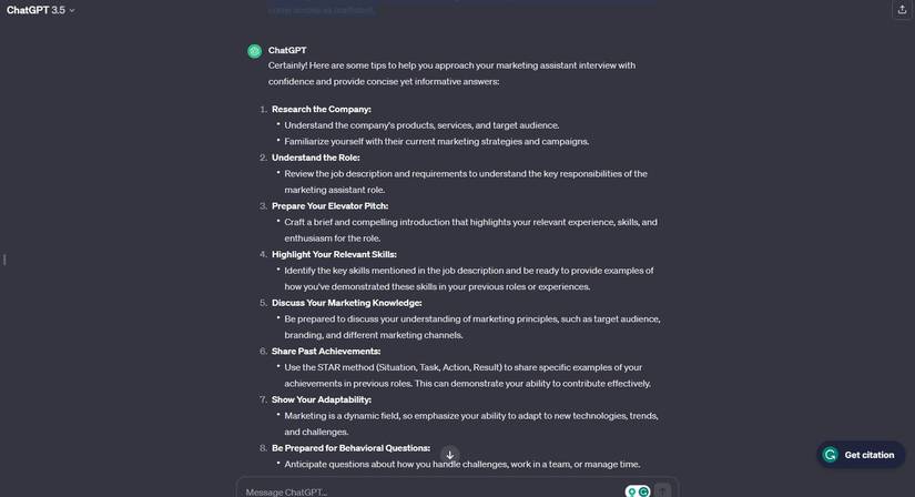 screenshot of chatgpt prompt response
