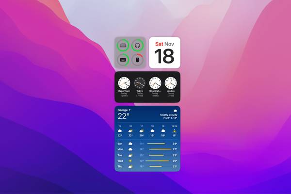 macOS Sonoma WIdgets for battery status, data, international time, and weather on a purple and pink gradient background