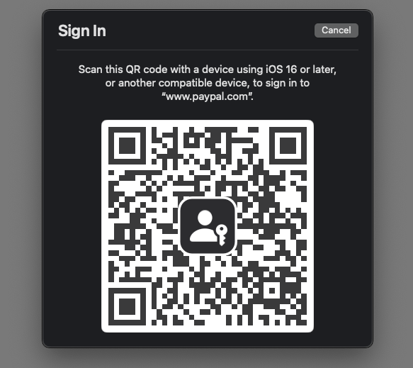 A QR code to sign in with passkey from another iPhone, iPad or Android device.