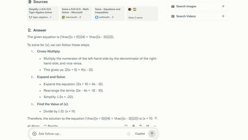 Screenshot of Perplexity's response to algebraic equation.