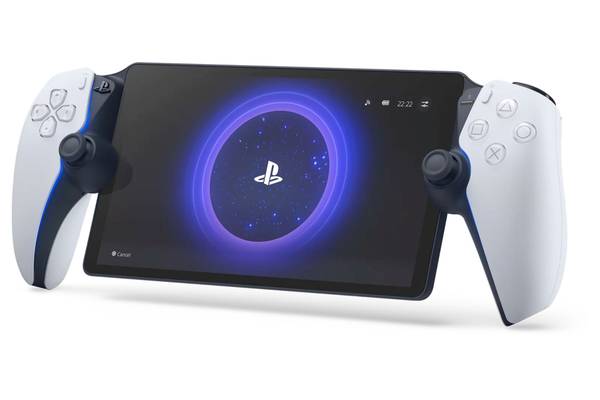 The PlayStation Portal Remote Play Streaming Device. It looks like a DualSense controller split in half with a large screen in the middle.