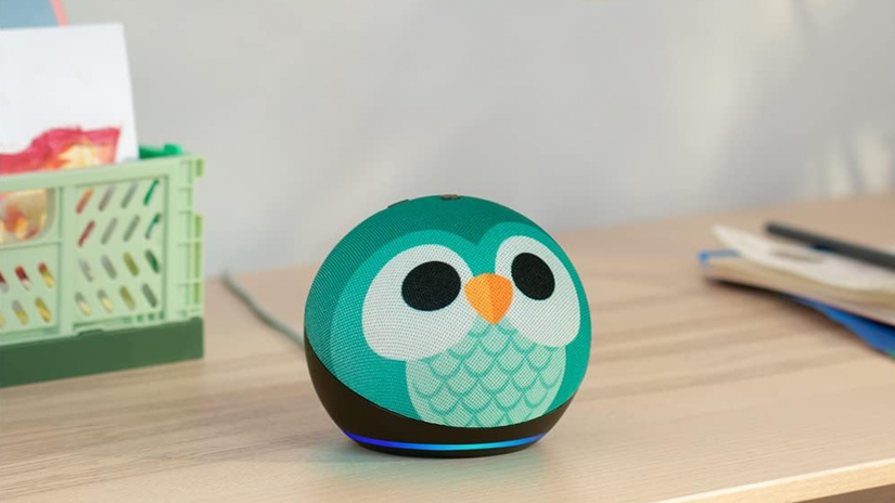 Echo Dot Kids shaped like a teal cartoon owl.