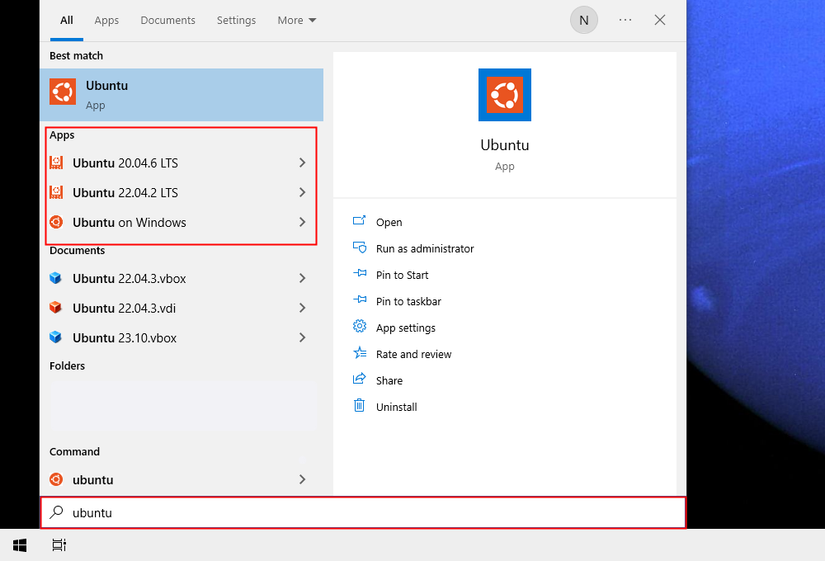 Searching for "Ubuntu" in the Start Menu. 