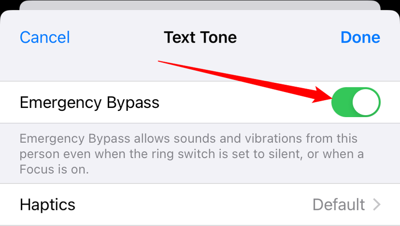 Tap the "Emergency Bypass" button under "Text Tone." 