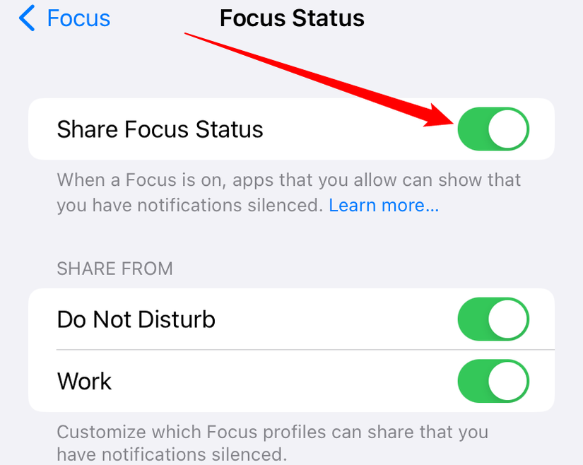 Share Focus Status is set to "On." 