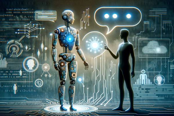 An AI-generated image showing a silhouette of a human conversing with a robotic being on a background of technological symbols