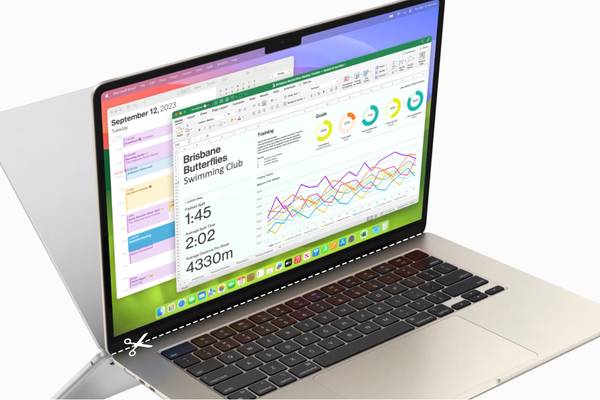 MacBook Air M2 with dashed 'cut here' line