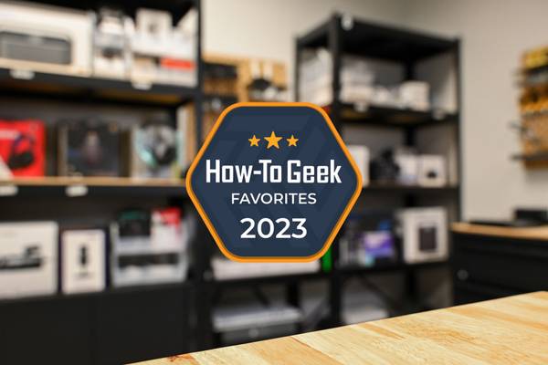 How-To Geek Favorites 2023 badge over blurred out storage shelves