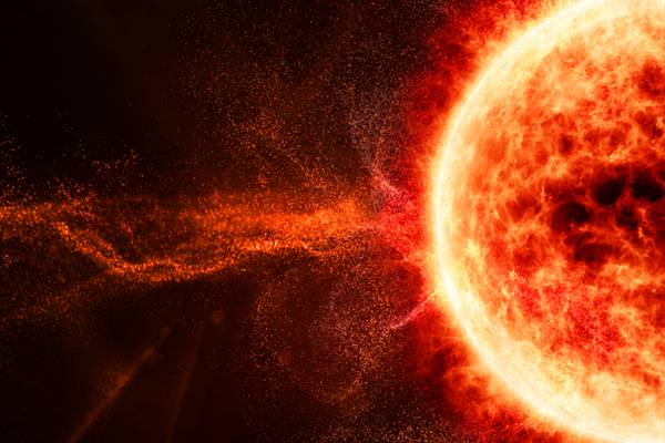 Digital rendering of a solar flare erupting from the sun.