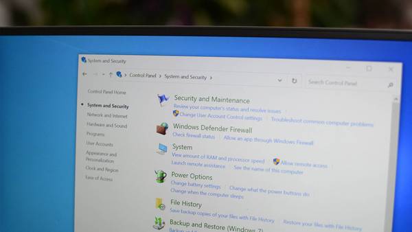 System and Security settings within the Control Panel